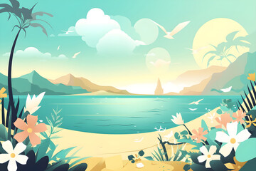 Flat style illustration with a summer beach. Generated AI