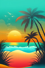 Fototapeta na wymiar Illustration of a sunset on a summer beach. Tropical island paradise. Seascape background with palms silhouette. Generated AI