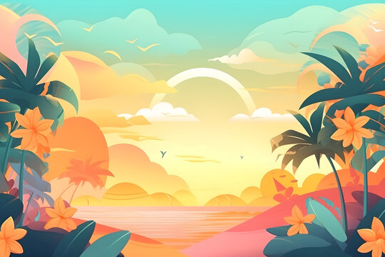 Illustration with a summer beach background. Generated AI