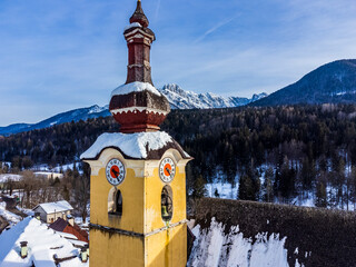 Ancient historic church in the village of Fusine. Tarvisio