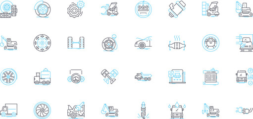 Car repairs linear icons set. Brakes, Transmission, Engine, Suspension, Tires, Battery, Alternator line vector and concept signs. Ignition,Exhaust,Alignment outline illustrations