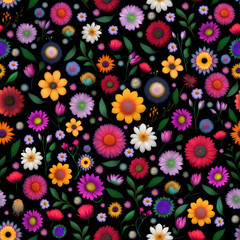 Fototapeta na wymiar Wallpaper of beautiful florwers for backgrounds, tapestries, prints. Pattern of flowers power design for decorative rapport in black background. Generative AI