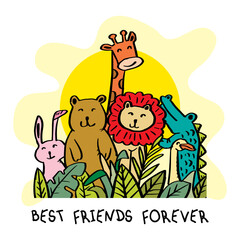 Best friends forever lettering with cute animals.