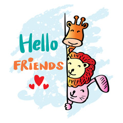 Hello friends, hand lettering with cute animals.