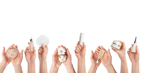 Female caucasian hands hold beauty skin care products on transparent background
