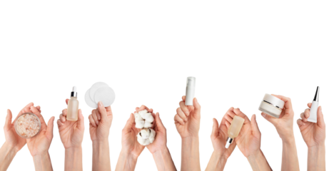 Female caucasian hands hold beauty skin care products on transparent background