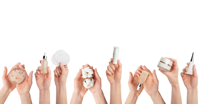 Female caucasian hands hold beauty skin care products on transparent background - Powered by Adobe