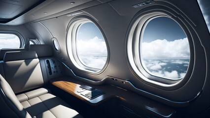 Luxurious interior in modern business jet and sunlight and clouds appearing from the window. (Generative AI)