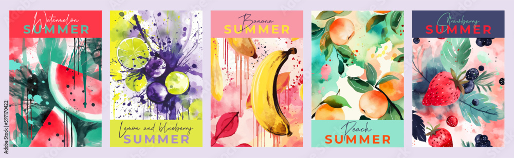 Wall mural juicy and bright summer posters, banners, covers, or labels with fruits painted in watercolor with b