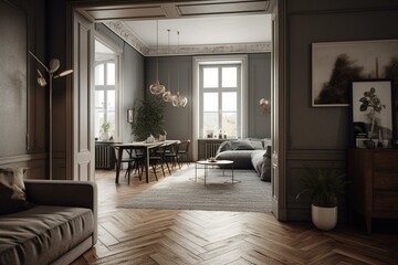 Gray-walled living room with central wooden flooring and open doorway leading to dining area. Generative AI