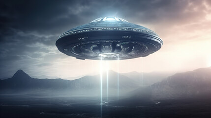 An unidentified flying object flies over the city in the evening. Flying saucer in the city. AI generation