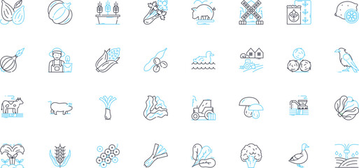Farming technology linear icons set. Precision, Irrigation, Automation, Dr, Hydroponics, Sensors, Sustainability line vector and concept signs. Fertilizer,GPS,Harvesting outline illustrations