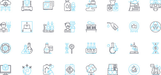Chemical manufacturing linear icons set. Synthesis, Formula, Reactant, Production, Catalyst, Compound, Distillation line vector and concept signs. Polymer,Crystallization,Solvent outline illustrations