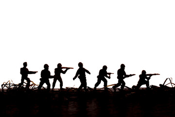 war concept, military toy soldiers on the battlefield on a white background