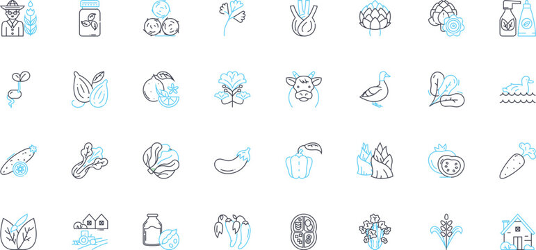 Agriculture Cultivation linear icons set. Farming, Cultivation, Harvest, Irrigation, Plowing, Soil, Crop line vector and concept signs. Fertilizer,Seedlings,Harvesting outline illustrations
