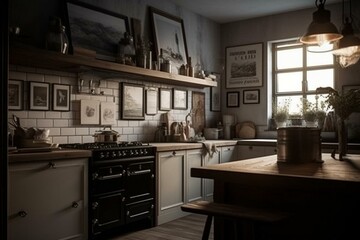 Warm kitchen with stove, storage, and empty picture frame. Generative AI
