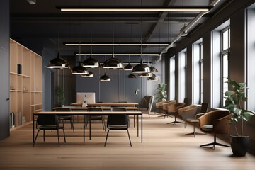 Sleek coworking space with minimal furniture. Rendered in 3D. Generative AI
