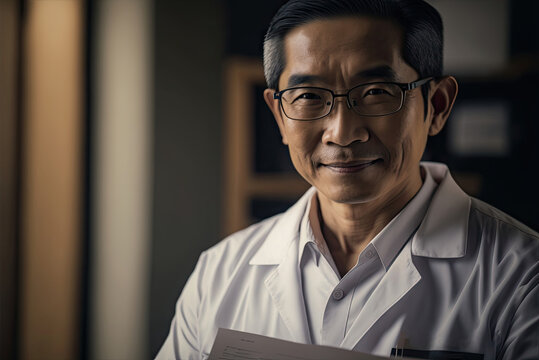 Portrait senior asian doctor over hospital background, asian medical concept generative ai image