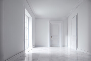 Blank white interior room background, empty white walls with doors and big window and white marble floor contemporary, 3D Generative AI image