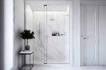 White interior shower room background, white walls and white marble tile contemporary, 3D Generative AI image