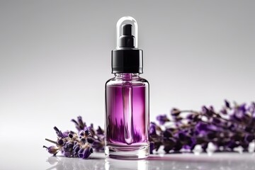 Obraz na płótnie Canvas Pipettenflasche für Kosmetik und Spa gefüllt mit natürlichem Lavendelöl neben Lavendelblüten vor hellem Hintergrund, Naturkosmetik, Generative AI