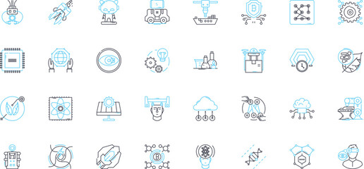 Machine learning technology linear icons set. Algorithms, Predictions, Data, Automation, Neural, Optimization, Intelligence line vector and concept signs. Pattern recognition,Analysis,Training outline