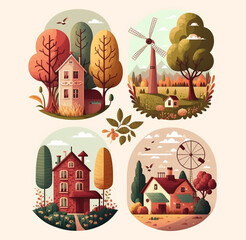 Four cute countryside flat illustration with village house. Farm house and summer rustic landscape. Generative AI