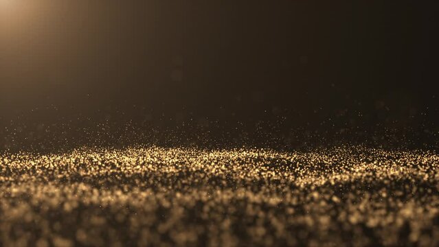 Luxury premium golden waves background. Animated golden digital waves made of shining particles on dark background. Champagne background animation. Sparkling champagne bubbles with light sun rays.