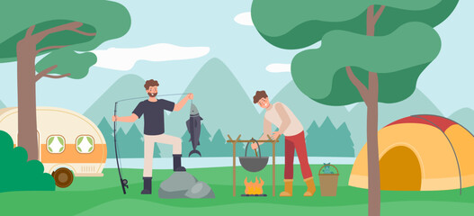 Fishermen cook their catch a bonfire. Travel, fishing season, adventure, hobbies, outdoor activities
