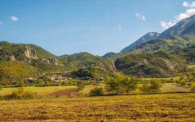 Beautiful mountain valley with gentle hills in Albania