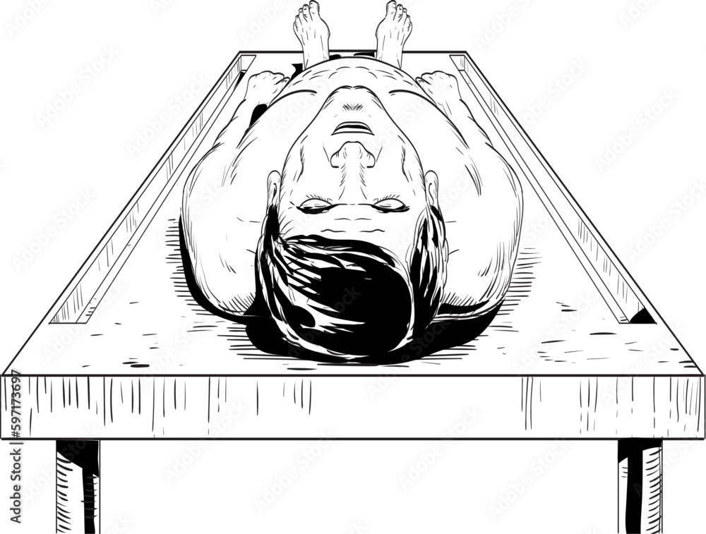 Poster comics style drawing or illustration of a dead body of a man on an autopsy table in the forensic pat