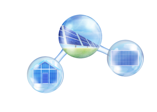 Solar panels on blue sky, solar power plant, blue solar panels, renewable energy source, solar farm in molecular view PNG transparent