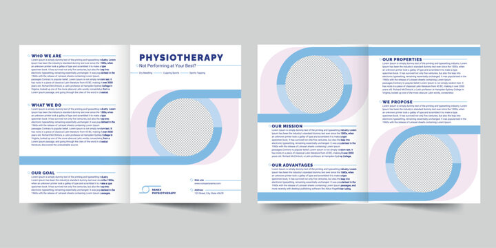 Physiotherapy bifold brochure template. A clean, modern, and high-quality design bifold brochure vector design. Editable and customize template brochure