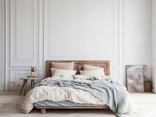 Interior wall, bedroom mockup. Blue and beige. Indigo. Generative AI