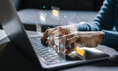 Human use laptop with online cloud document file management, information, system, DMS, online documentation database, manage files, enterprise with ERP.search and manage document business technology © JOURNEY STUDIO7