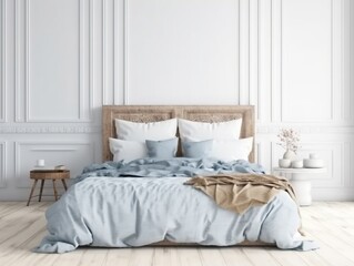 Interior wall mockup. Bedroom. Boho decor. Minimalism. Generative AI. 