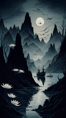 Sepia-Monochromie-Landschaft: Eine ruhige und friedliche Darstellung der antiken D&ouml;rfer-Landschaft in Vietnam. Perfekt f&uuml;r jeden Raum und jedes Medium.