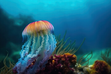 Underwater photography of a beautiful jelly fish, created with Generative AI technology