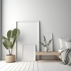Interior, wall, frame mockup. Living room. Boho decor. Pale tone. Generative AI. 