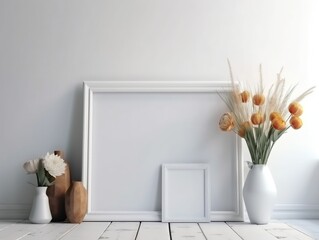 Interior, wall, frame mockup. Living room. Boho decor. Pale tone. Generative AI. 