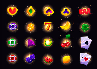 Casino slot game icons on background, RPG UI winner badge kit, casino slot gambling machine objects. Vegas shiny UI design elements, lemon, strawberry, bar