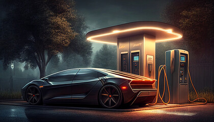 Luxus Elektroauto super Sportwagen an Ladesäule, bei Dunkelheit, Generative AI 