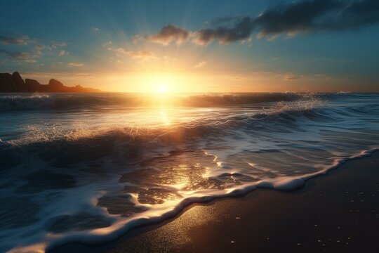 Illustration of a stunning sunrise on the beach. Generative AI