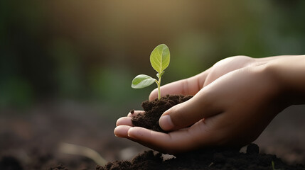 Fototapeta premium Hands holding and caring a green young plant