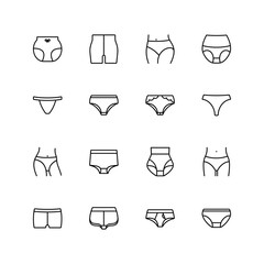 Panties icons set. Introduced pantaloons, classic, drawstrings, tanga, lace, string thongs, high waist, shorts, hipster, seamless, daring.