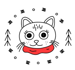 Cute Christmas cat with red scarf in doodle style