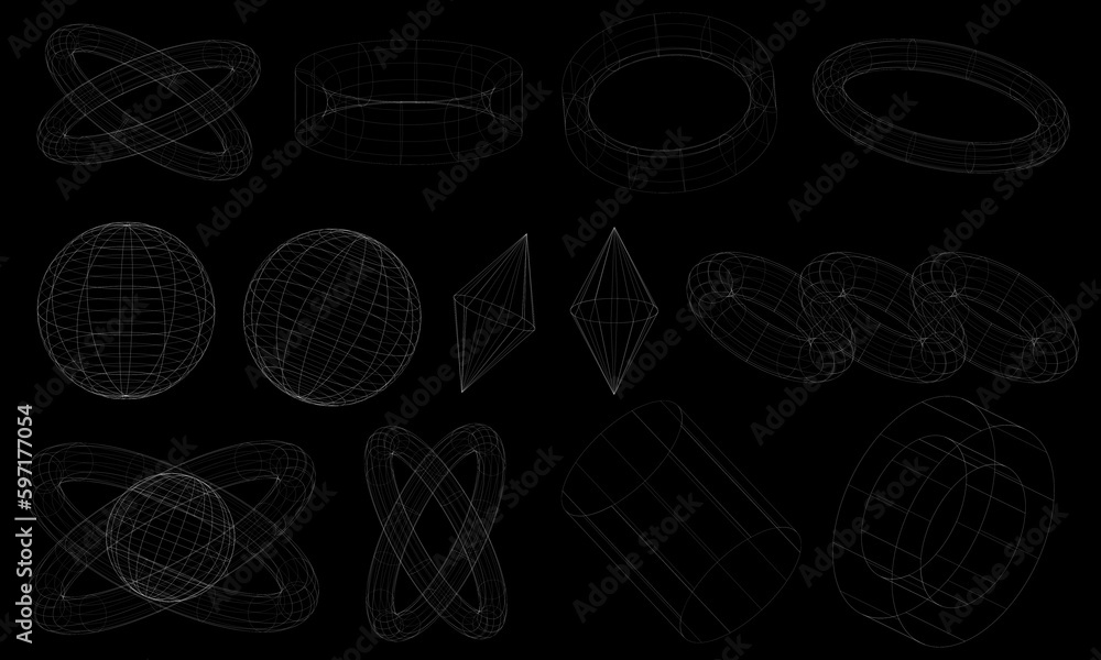 Aufkleber Futuristic 3D wireframe shapes. Abstract set of frames, 3d shapes, wireframe, cyberpunk style on black background. Vector wireframe shapes.