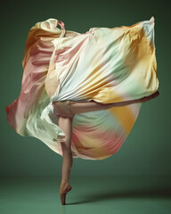 One graceful ballerina wearing rainbow dress dancing on dark green studio background. Standing tiptoe © Lustre Art Group 