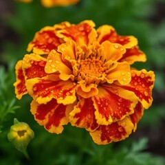 A bright and cheerful marigold with orange and yellow petals, generative AI