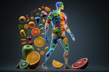 Fruits and vegetables forming a human body, metabolism, nutrition, eating diet, fitness, health, vitamins, digestion, supplements, health care, healthy lifestyle, healthy food. Generative AI - obrazy, fototapety, plakaty